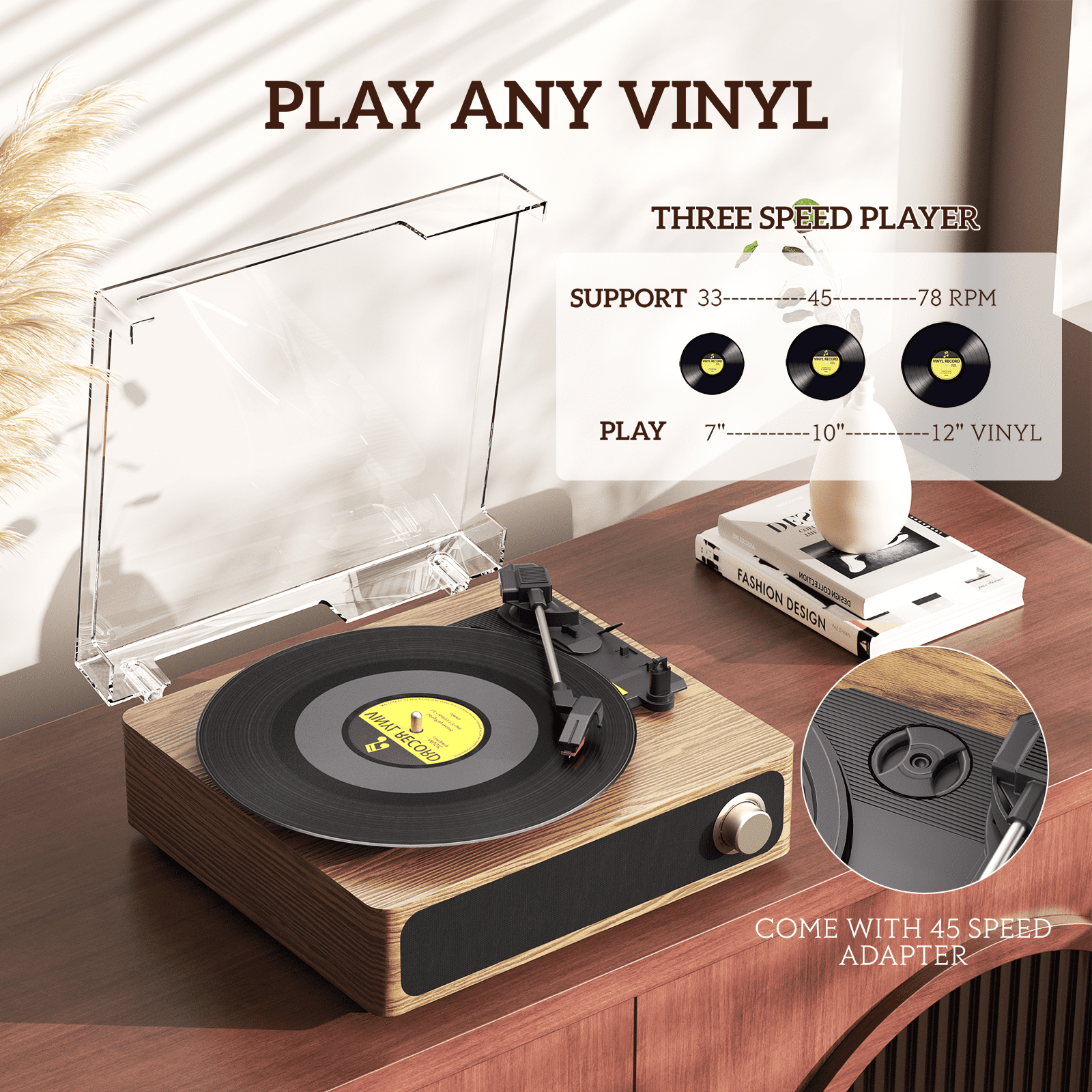 MAIO Record Player, Bluetooth Vintage Audio Turntables 3-Speed 33/45/78RPM Vinyl Spinner with Speakers, Headphone Jack, USB, AUX-in and RCA, Log Wood