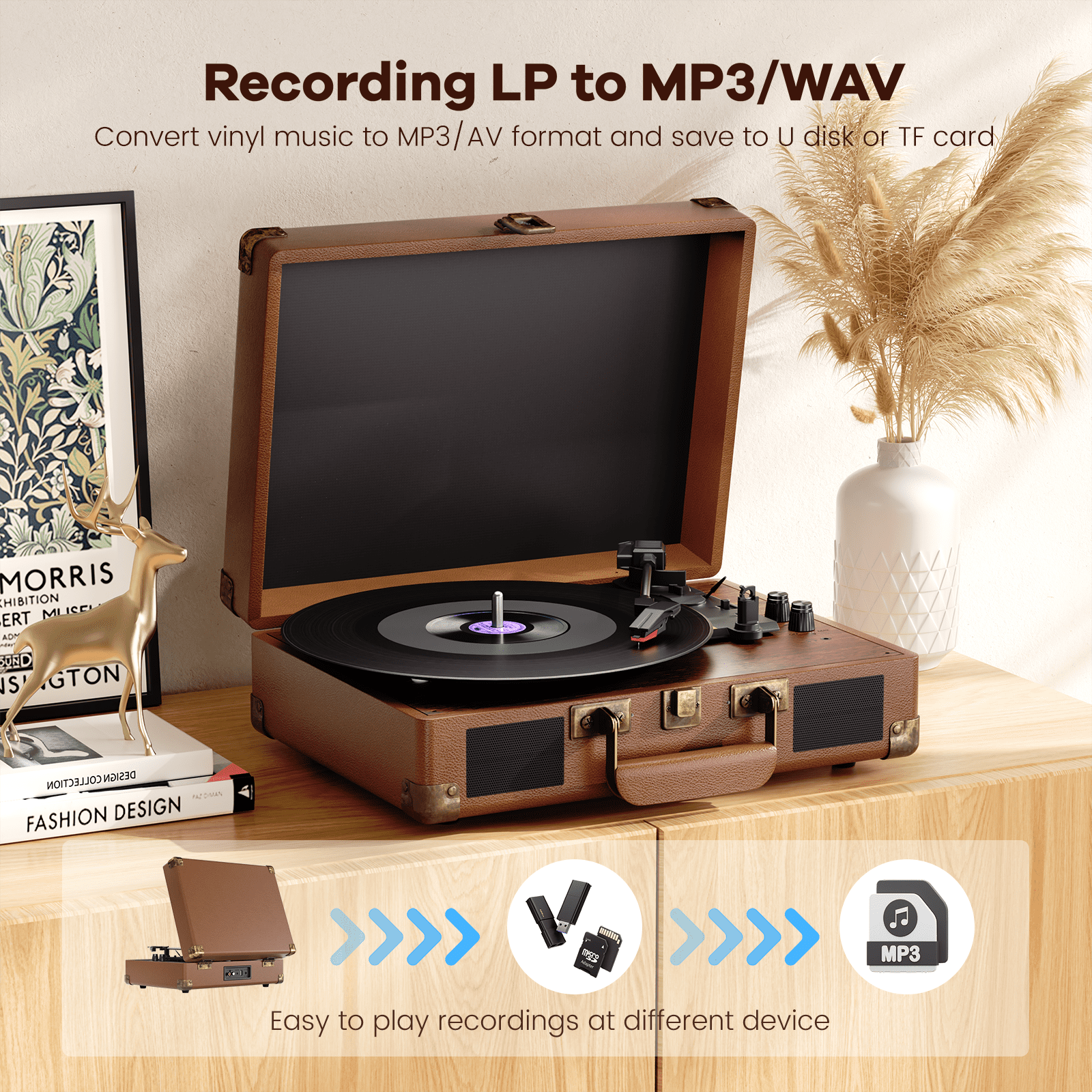 MAIO Turntable Record Player, 3-Speed 33/45/78RPM Vinyl Spinner with 2 Built-in Stereo Speakers, Headphone Jack, USB, AUX-IN, RCA-Out and Recording