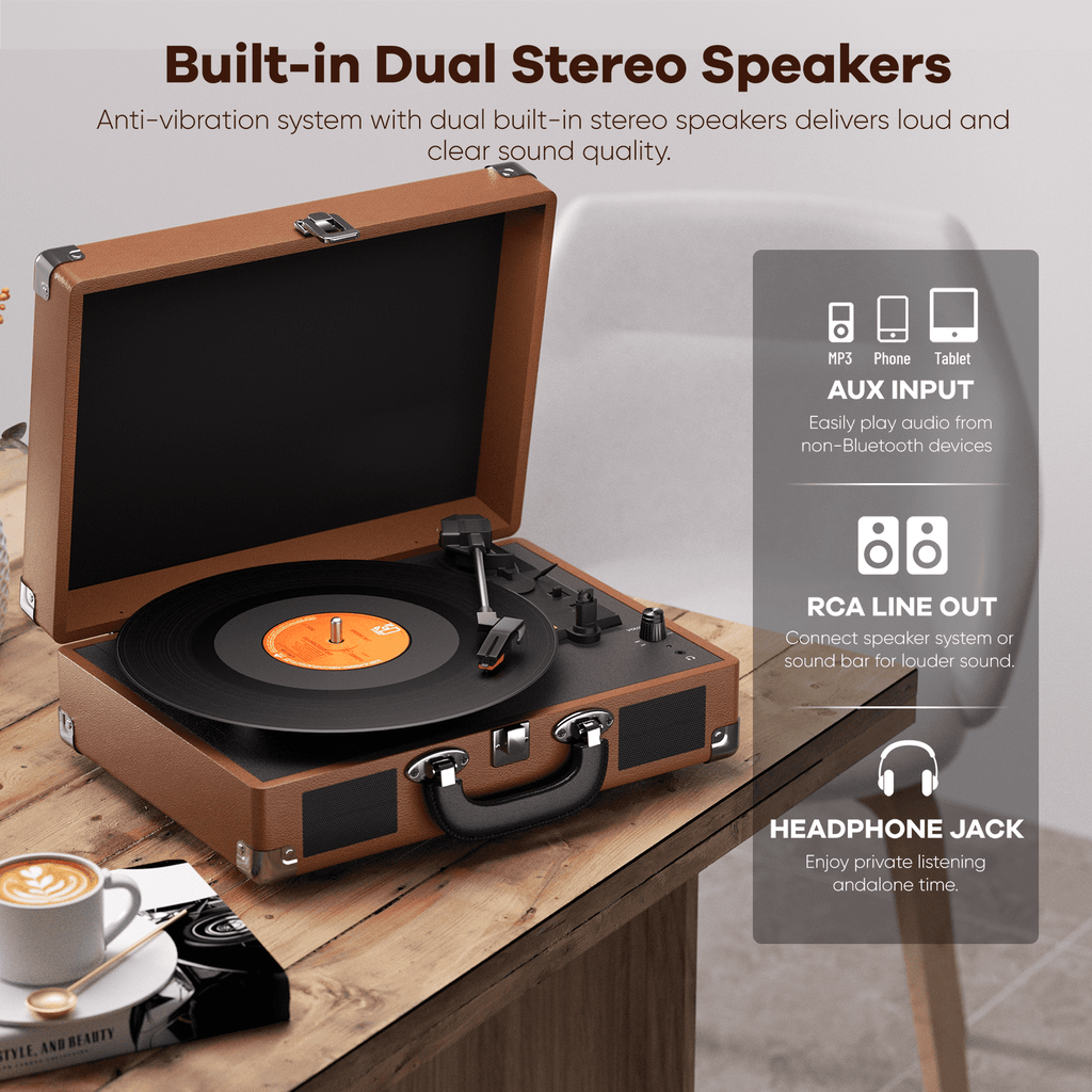 MAIO Turntable Record Player, 3-Speed 33/45/78RPM Vinyl Spinner with 2 Built-in Stereo Speakers, Headphone Jack, USB, AUX-IN, RCA-Out and Recording