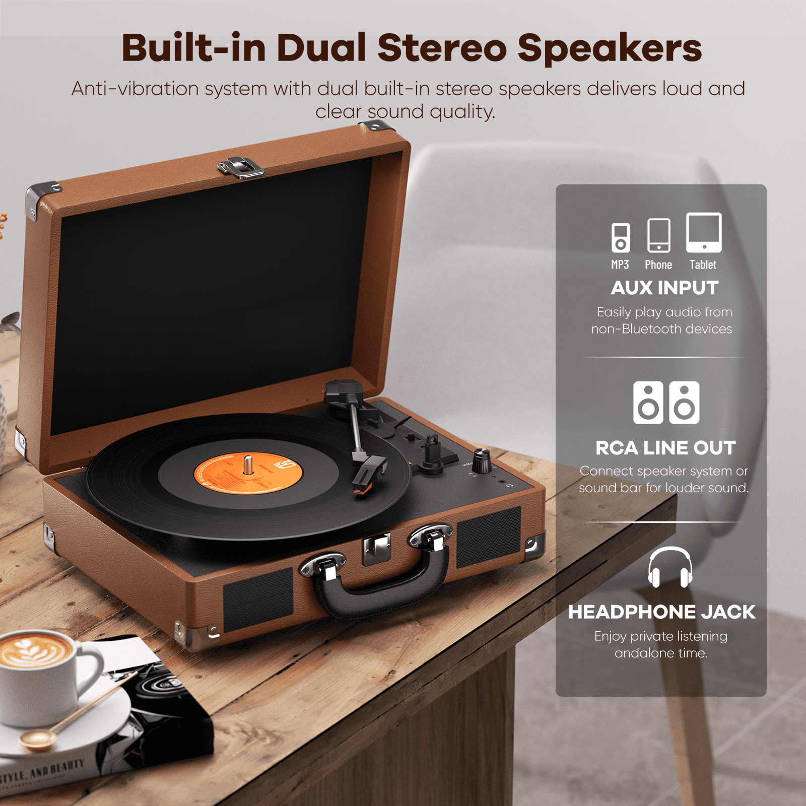 MAIO Turntable Record Player, 3-Speed 33/45/78RPM Vinyl Spinner with 2 Built-in Stereo Speakers, Headphone Jack, USB, AUX-IN, RCA-Out and Recording