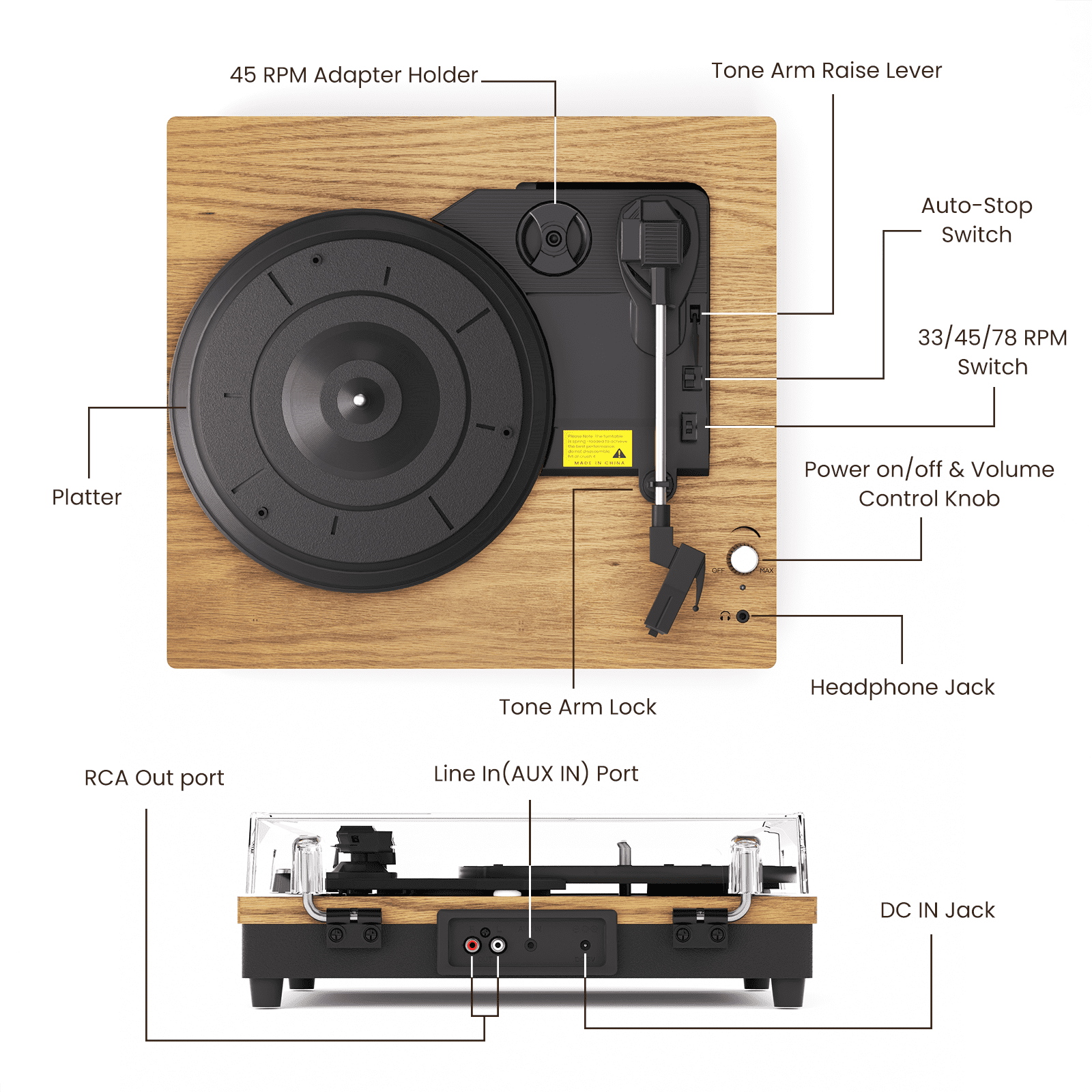 Turntable Record Player with 3-Speed Belt-Drive, Vinyl Records Player with Built-in Speakers and Bluetooth, RCA/AUX/Headphone Out, Auto Off