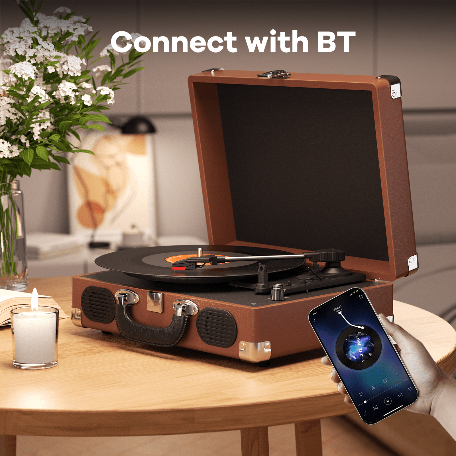 MAIO Vinyl Record Player, 3-Speed Bluetooth Vintage Turntable, Record Player with Speakers RCA Line Out AUX in Headphone Jack, Brown Silver