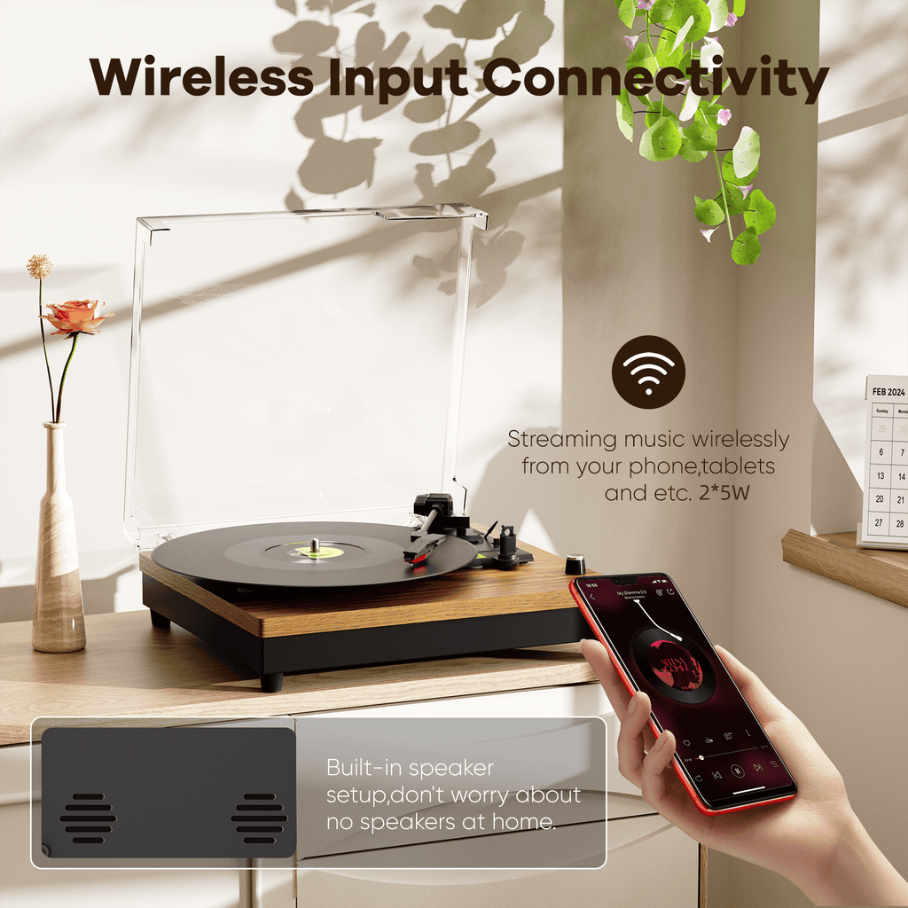 Turntable Record Player with 3-Speed Belt-Drive, Vinyl Records Player with Built-in Speakers and Bluetooth, RCA/AUX/Headphone Out, Auto Off