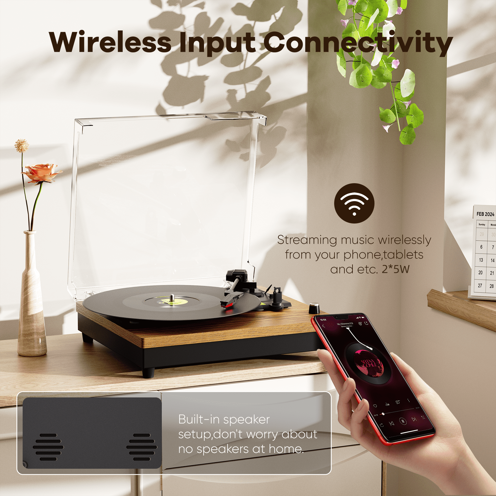 Turntable Record Player with 3-Speed Belt-Drive, Vinyl Records Player with Built-in Speakers and Bluetooth, RCA/AUX/Headphone Out, Auto Off