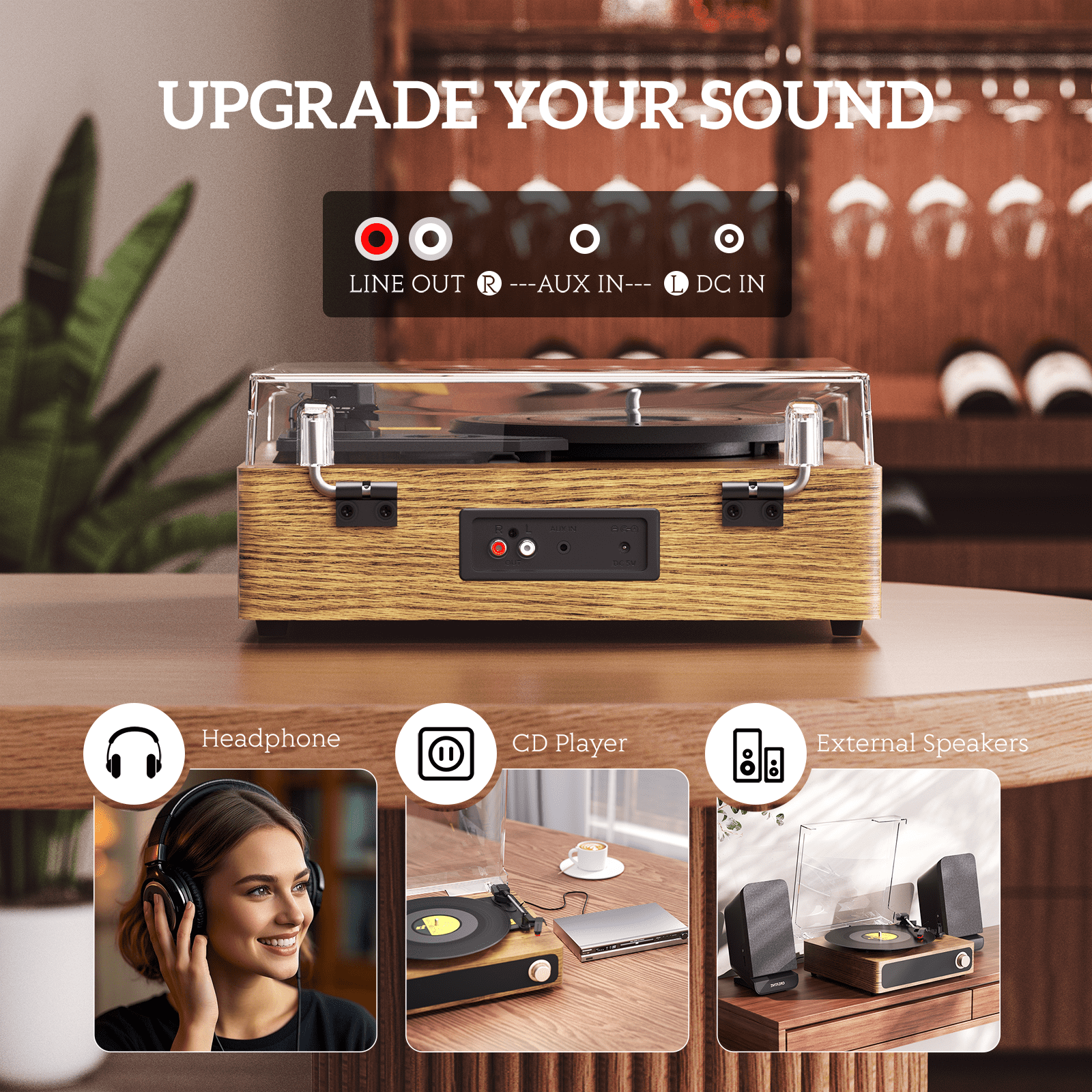 MAIO Record Player, Bluetooth Vintage Audio Turntables 3-Speed 33/45/78RPM Vinyl Spinner with Speakers, Headphone Jack, USB, AUX-in and RCA, Log Wood