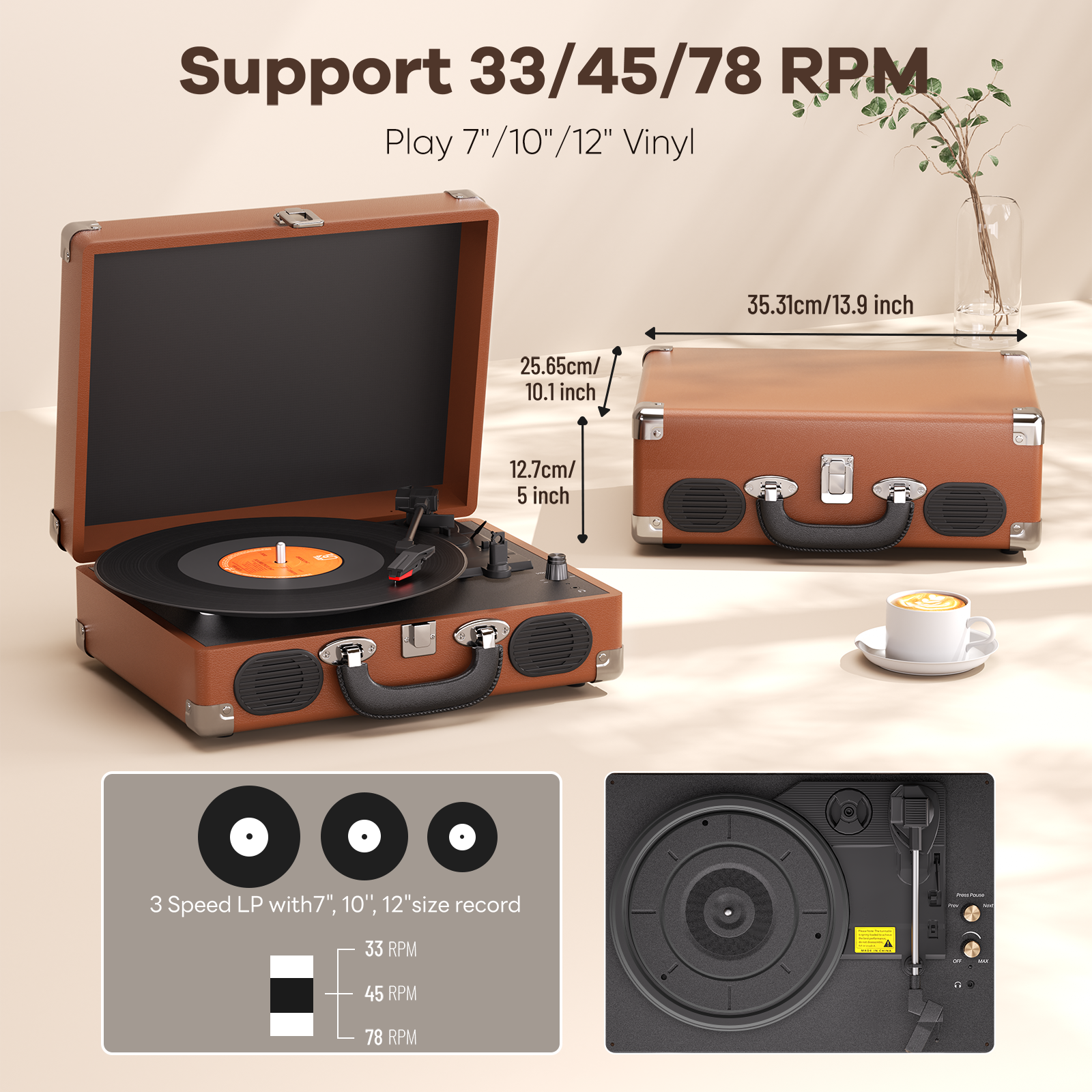 MAIO Vinyl Record Player, 3-Speed Bluetooth Vintage Turntable, Record Player with Speakers RCA Line Out AUX in Headphone Jack, Brown Silver