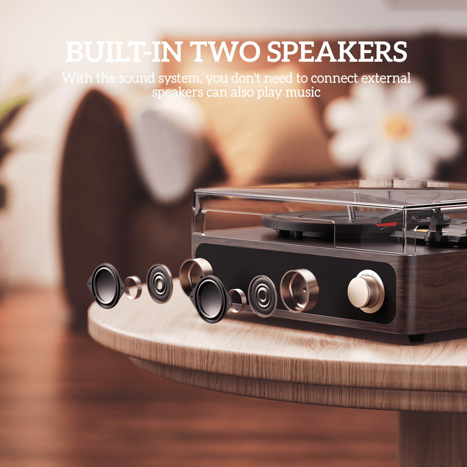 MAIO Record Player, Bluetooth Vintage Audio Turntables 3-Speed 33/45/78RPM Vinyl Spinner with Speakers, Headphone Jack, USB, AUX-in and RCA, Red Walnut