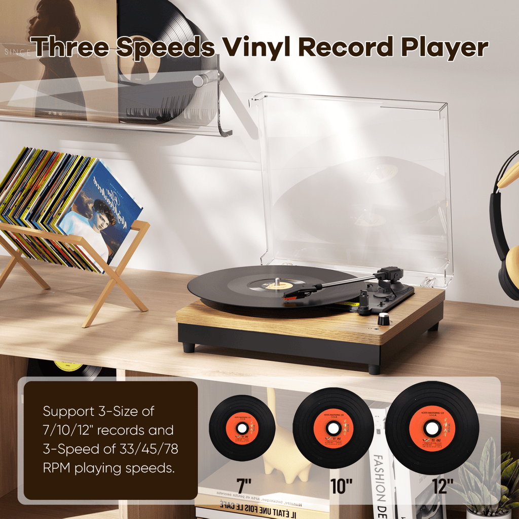 Turntable Record Player with 3-Speed Belt-Drive, Vinyl Records Player with Built-in Speakers and Bluetooth, RCA/AUX/Headphone Out, Auto Off