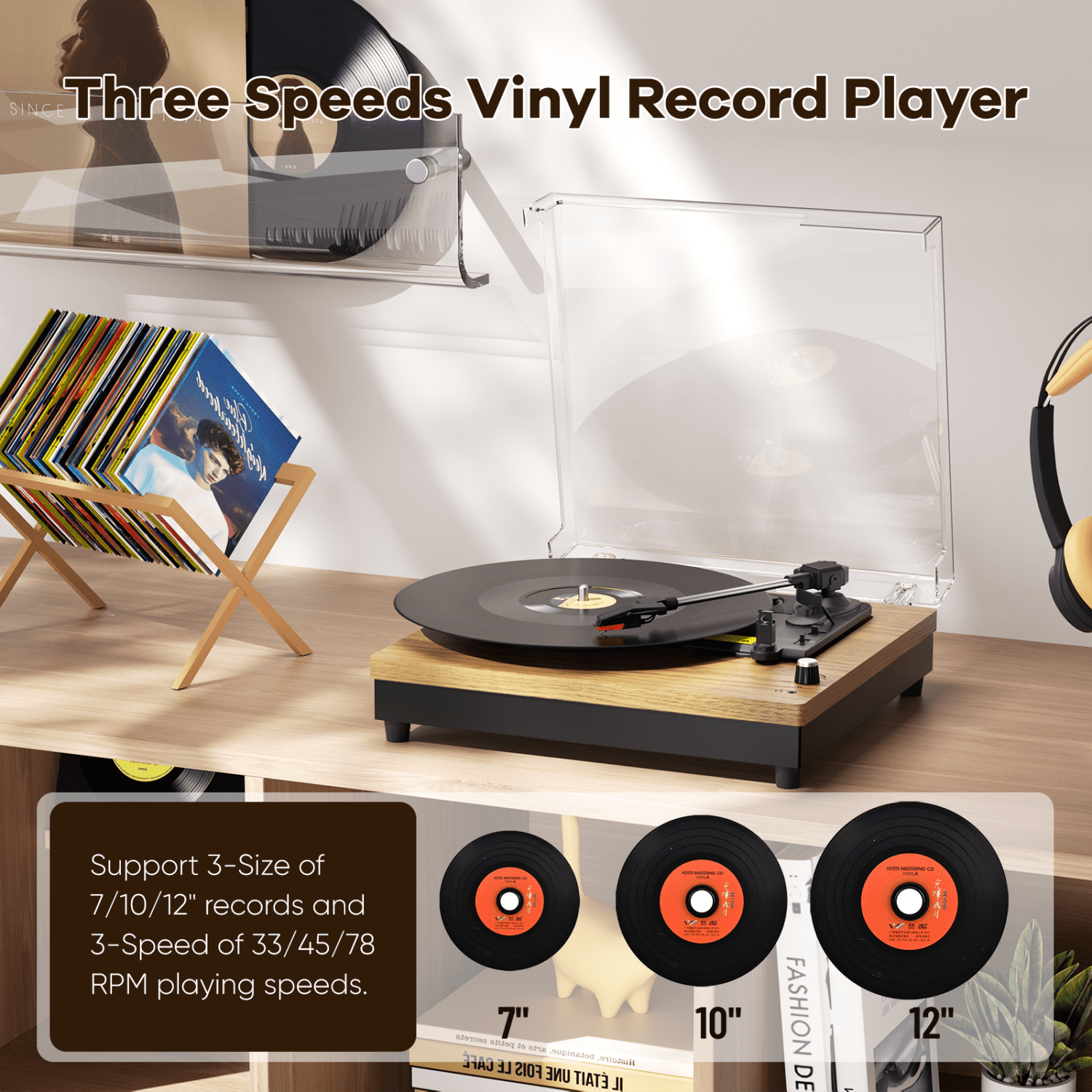 Turntable Record Player with 3-Speed Belt-Drive, Vinyl Records Player with Built-in Speakers and Bluetooth, RCA/AUX/Headphone Out, Auto Off