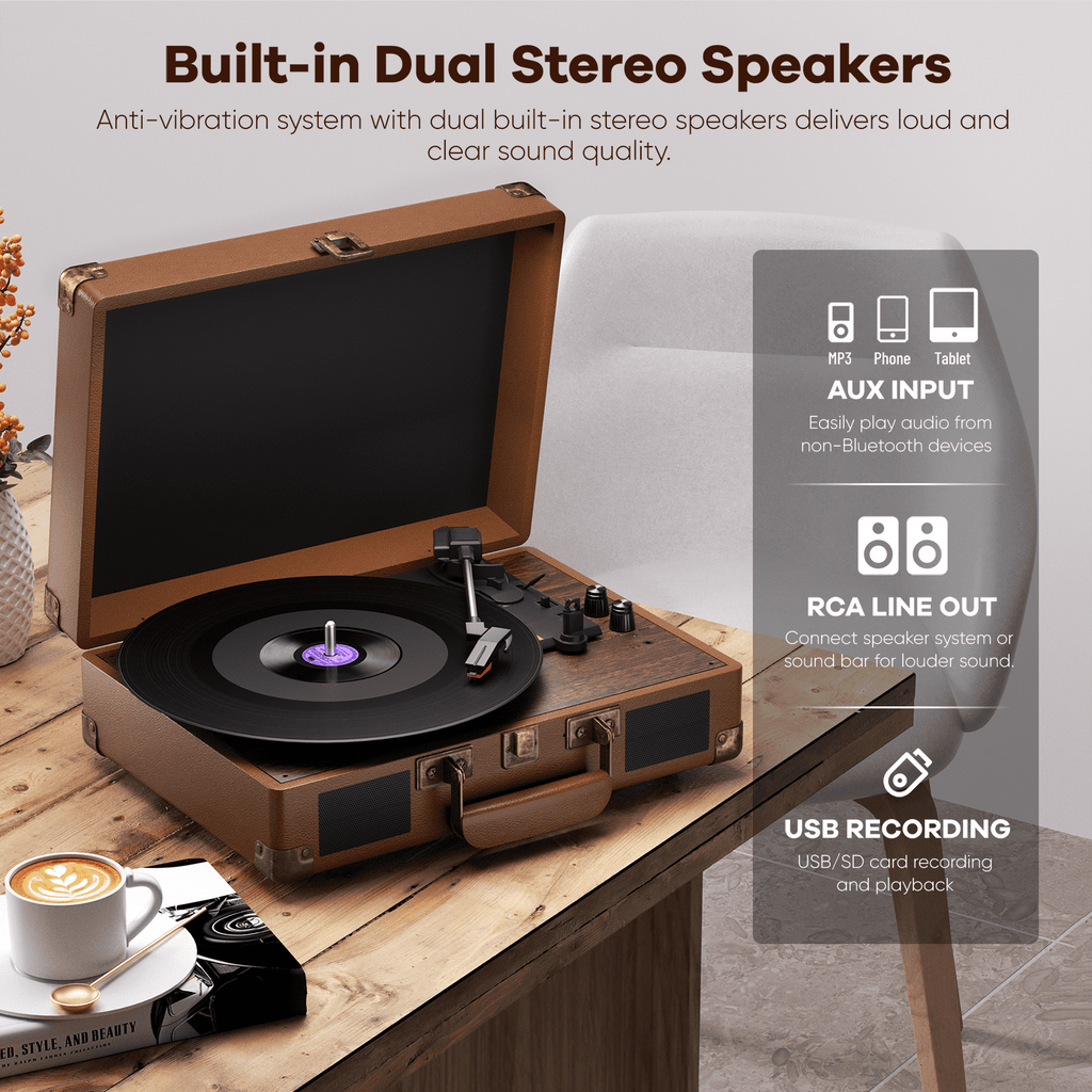MAIO Turntable Record Player, 3-Speed 33/45/78RPM Vinyl Spinner with 2 Built-in Stereo Speakers, Headphone Jack, USB, AUX-IN, RCA-Out and Recording