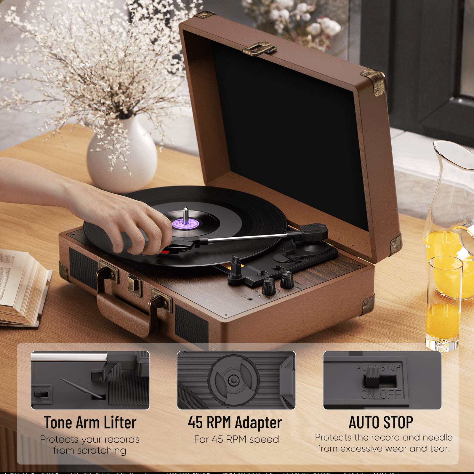 MAIO Turntable Record Player, 3-Speed 33/45/78RPM Vinyl Spinner with 2 Built-in Stereo Speakers, Headphone Jack, USB, AUX-IN, RCA-Out and Recording