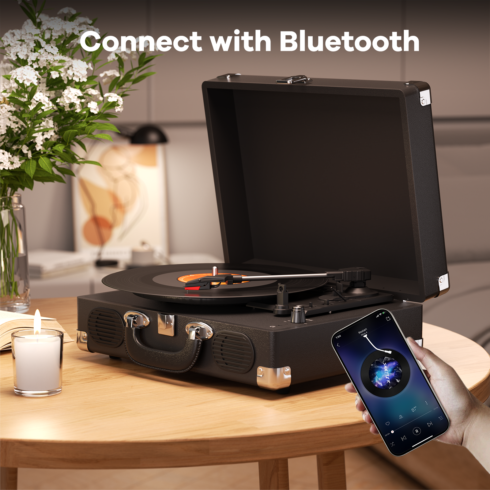 Vintage Bluetooth Record Player, 3-Speed Turntable with Speakers, Brown Silver