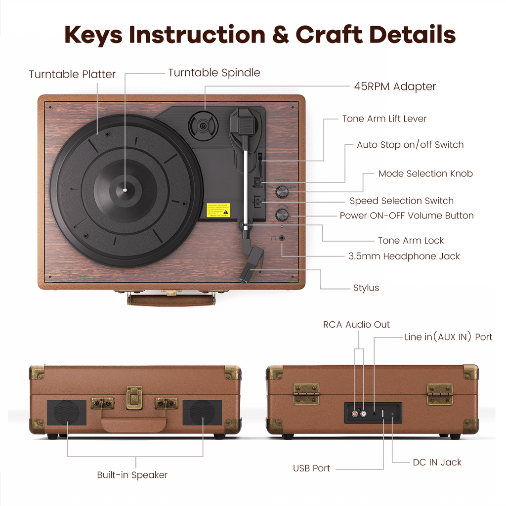 MAIO Turntable Record Player, 3-Speed 33/45/78RPM Vinyl Spinner with 2 Built-in Stereo Speakers, Headphone Jack, USB, AUX-IN, RCA-Out and Recording