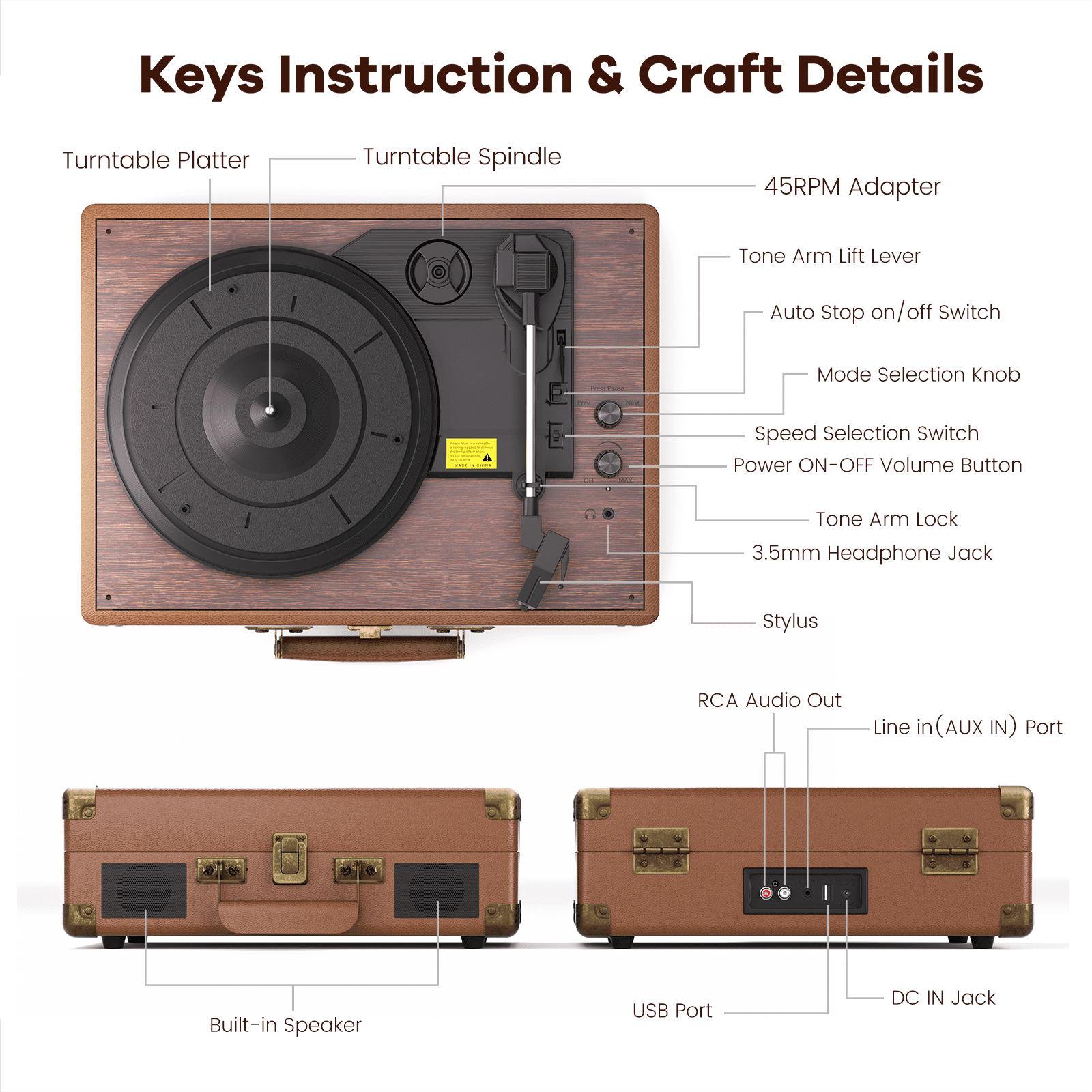 MAIO Turntable Record Player, 3-Speed 33/45/78RPM Vinyl Spinner with 2 Built-in Stereo Speakers, Headphone Jack, USB, AUX-IN, RCA-Out and Recording