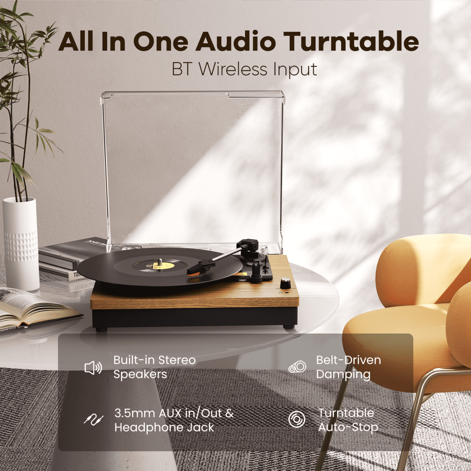 Turntable Record Player with 3-Speed Belt-Drive, Vinyl Records Player with Built-in Speakers and Bluetooth, RCA/AUX/Headphone Out, Auto Off