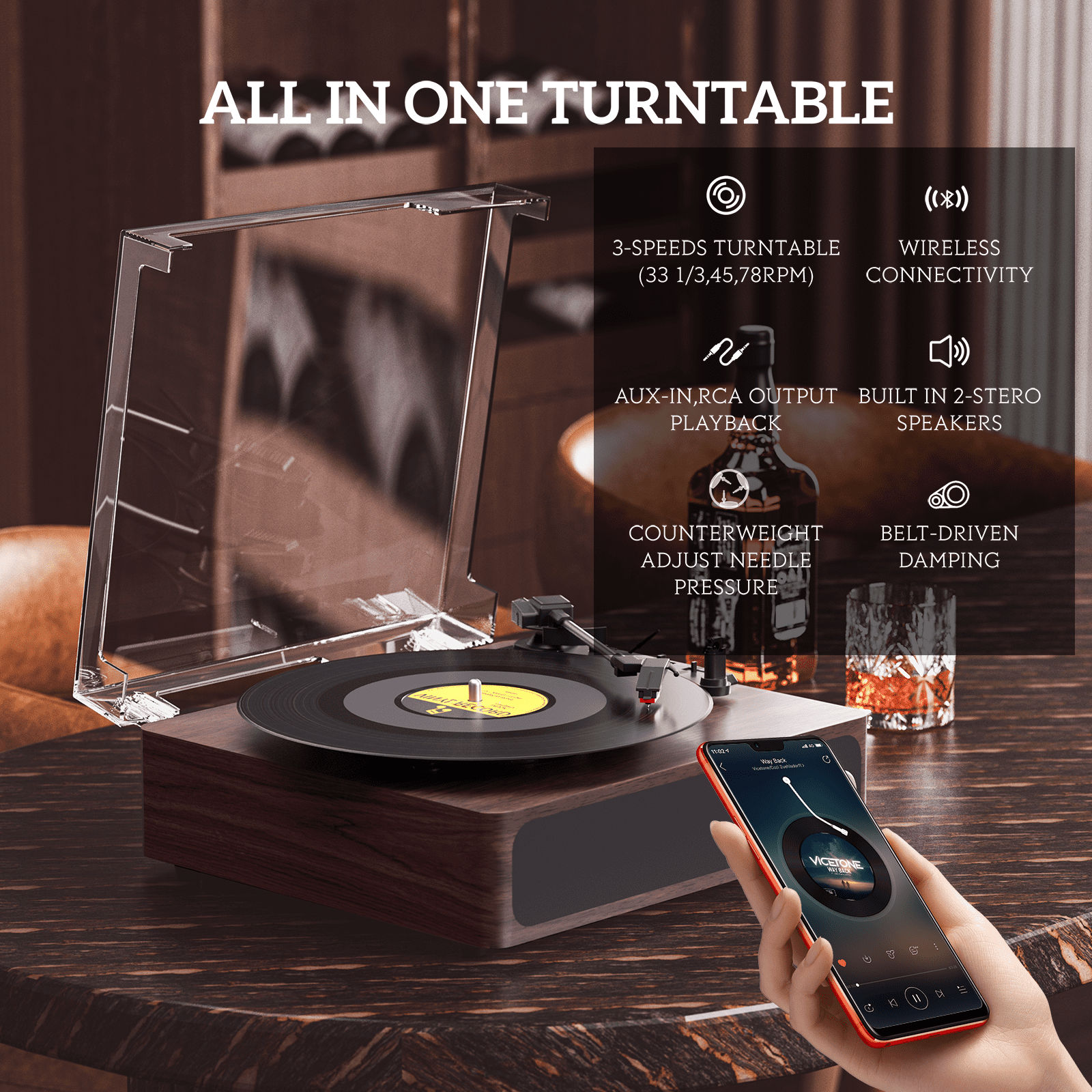 MAIO Record Player, Bluetooth Vintage Audio Turntables 3-Speed 33/45/78RPM Vinyl Spinner with Speakers, Headphone Jack, USB, AUX-in and RCA, Red Walnut