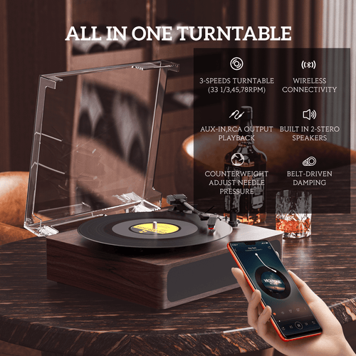 MAIO Record Player, Bluetooth Vintage Audio Turntables 3-Speed 33/45/78RPM Vinyl Spinner with Speakers, Headphone Jack, USB, AUX-in and RCA, Red Walnut