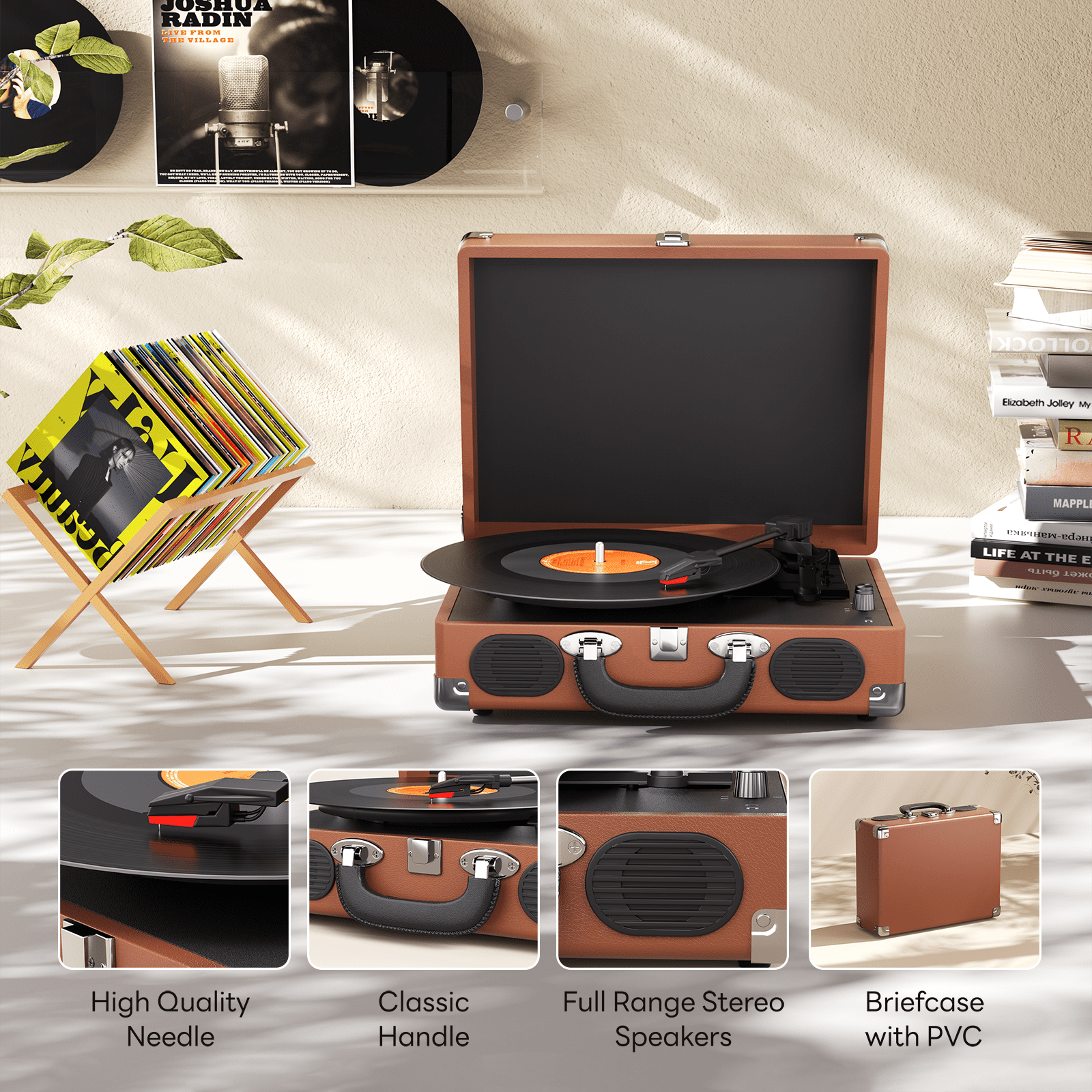 MAIO Vinyl Record Player, 3-Speed Bluetooth Vintage Turntable, Record Player with Speakers RCA Line Out AUX in Headphone Jack, Brown Silver