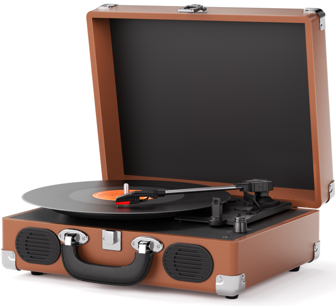 Vintage Bluetooth Record Player, 3-Speed Turntable with Speakers, Brown Silver