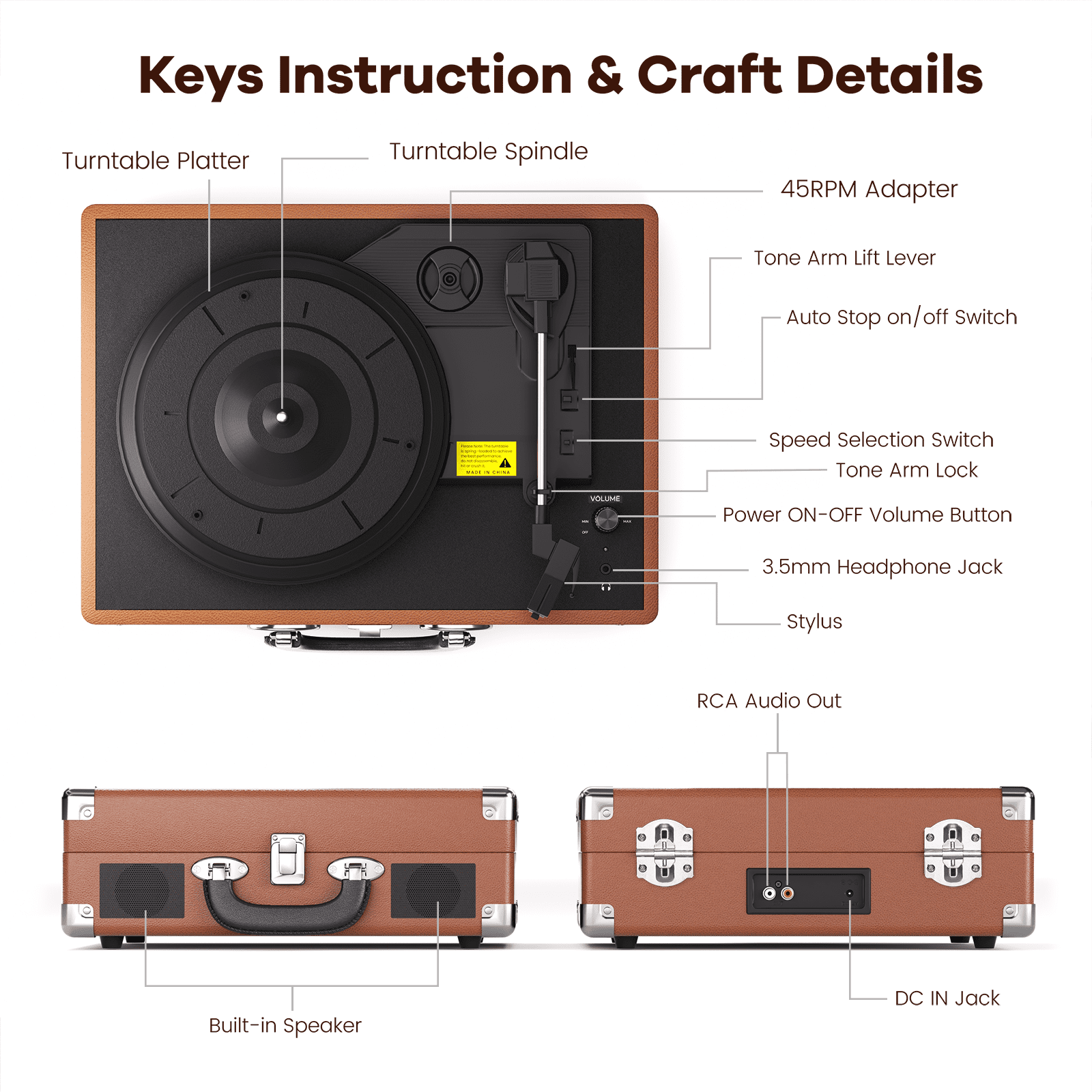 MAIO Turntable Record Player, 3-Speed 33/45/78RPM Vinyl Spinner with 2 Built-in Stereo Speakers, Headphone Jack, USB, AUX-IN, RCA-Out and Recording