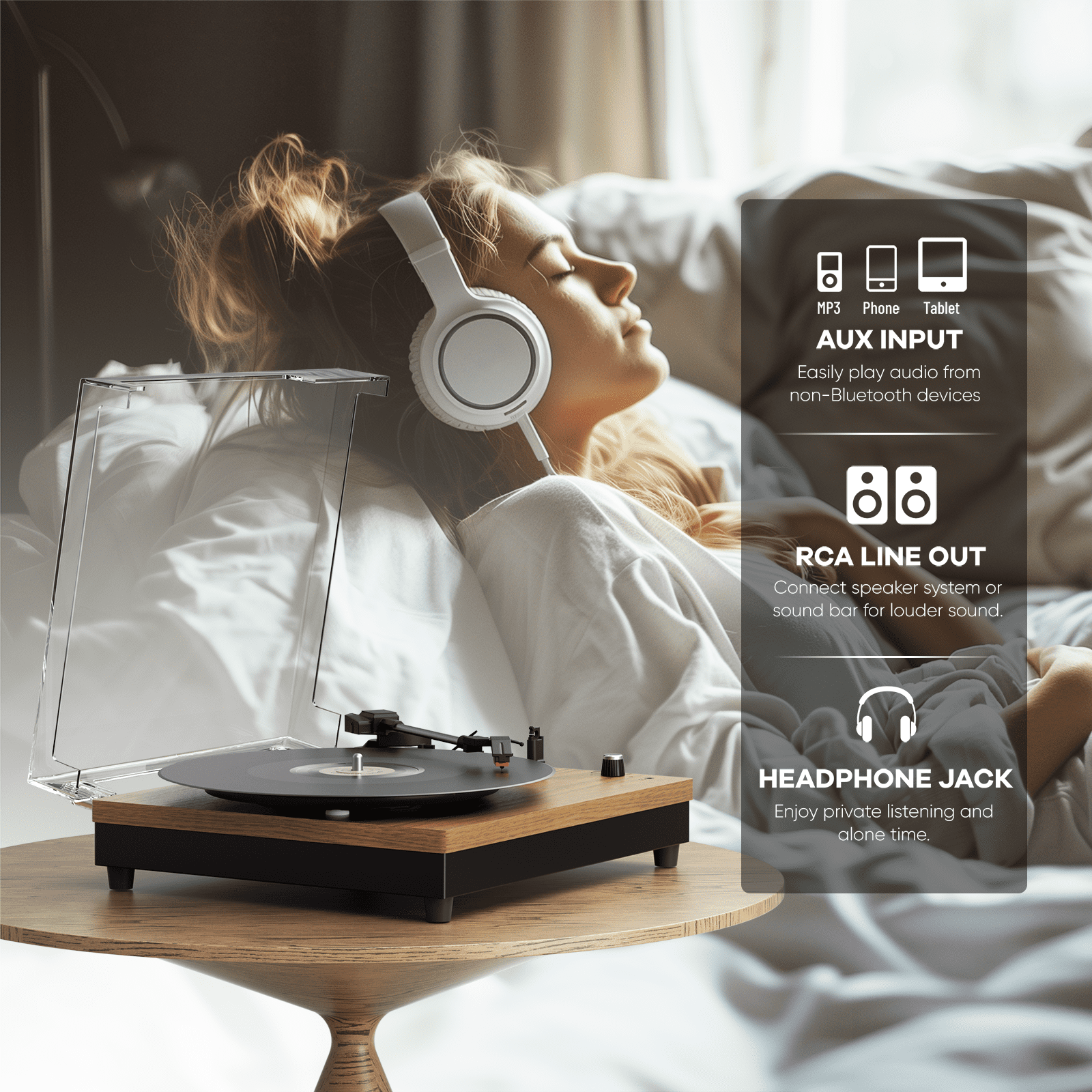 Turntable Record Player with 3-Speed Belt-Drive, Vinyl Records Player with Built-in Speakers and Bluetooth, RCA/AUX/Headphone Out, Auto Off