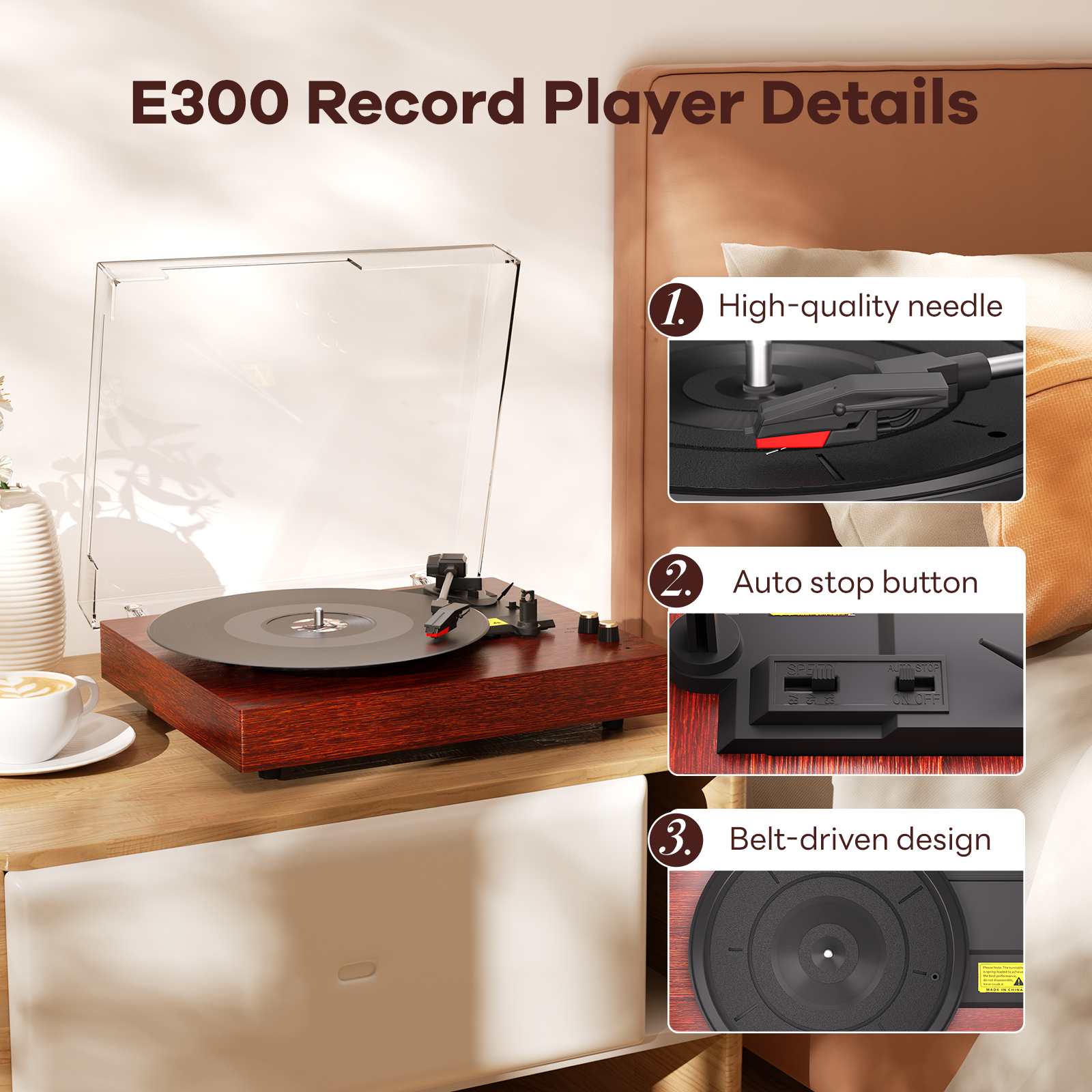 MAIO Vintage Wireless Turntable, 3-Speed 33/45/78 RPM Vinyl Record Player with Built-in Speakers, Headphone Jack, Bluetooth & AUX/RCA - Ideal Gift for Music Lovers