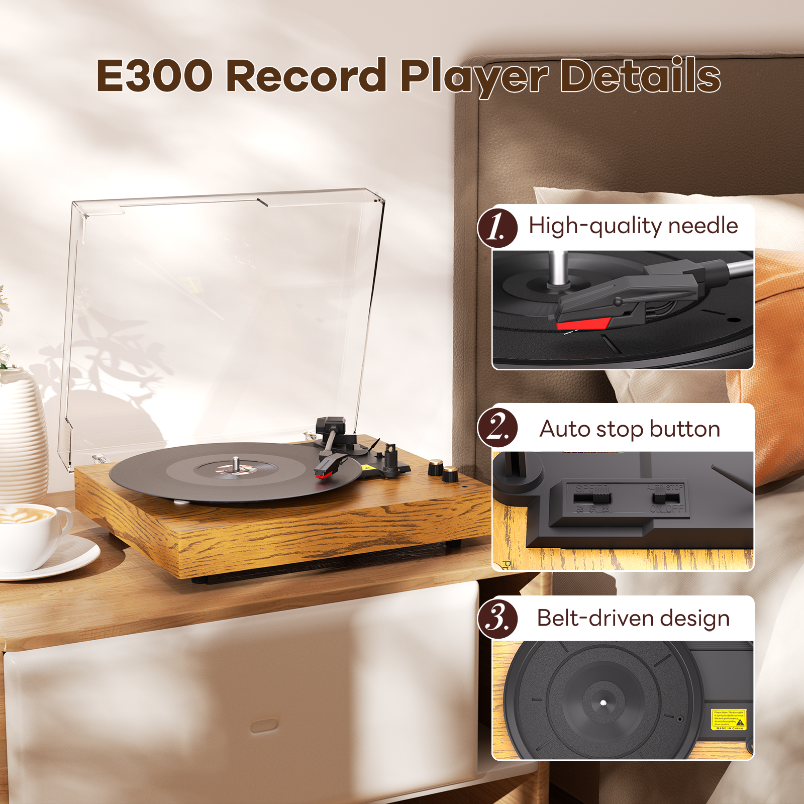 MAIO Vintage Wireless Turntable, 3-Speed 33/45/78 RPM Vinyl Record Player with Built-in Speakers, Headphone Jack, Bluetooth & AUX/RCA - Ideal Gift for Music Lovers