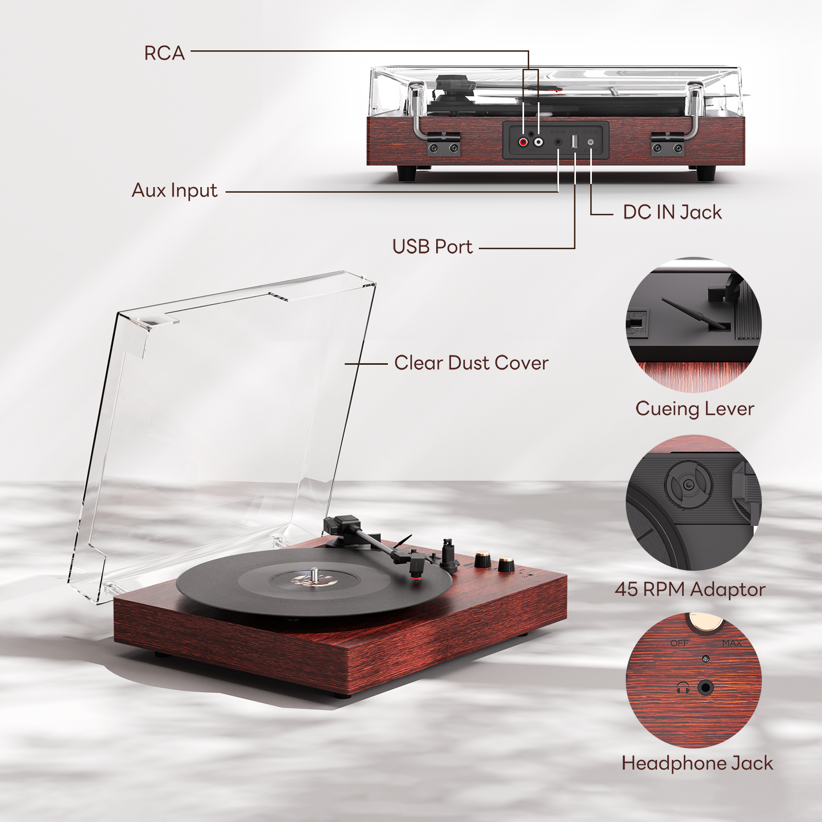 MAIO Vintage Wireless Turntable, 3-Speed 33/45/78 RPM Vinyl Record Player with Built-in Speakers, Headphone Jack, Bluetooth & AUX/RCA - Ideal Gift for Music Lovers