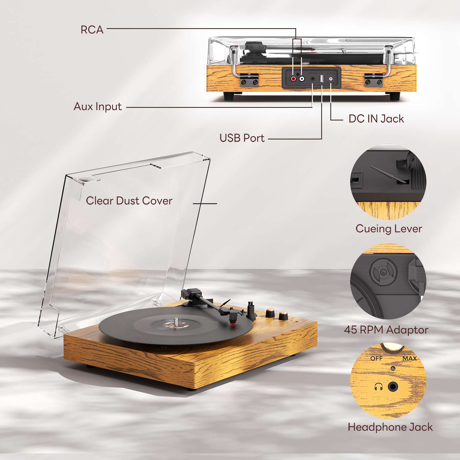 MAIO Vintage Wireless Turntable, 3-Speed 33/45/78 RPM Vinyl Record Player with Built-in Speakers, Headphone Jack, Bluetooth & AUX/RCA - Ideal Gift for Music Lovers