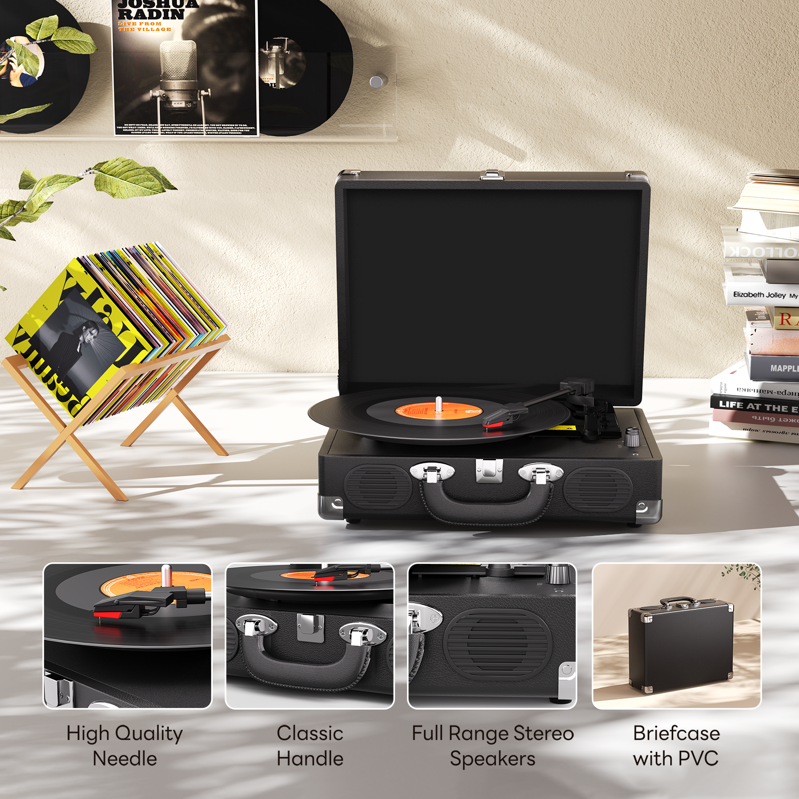 Vintage Bluetooth Record Player, 3-Speed Turntable with Speakers, Brown Silver