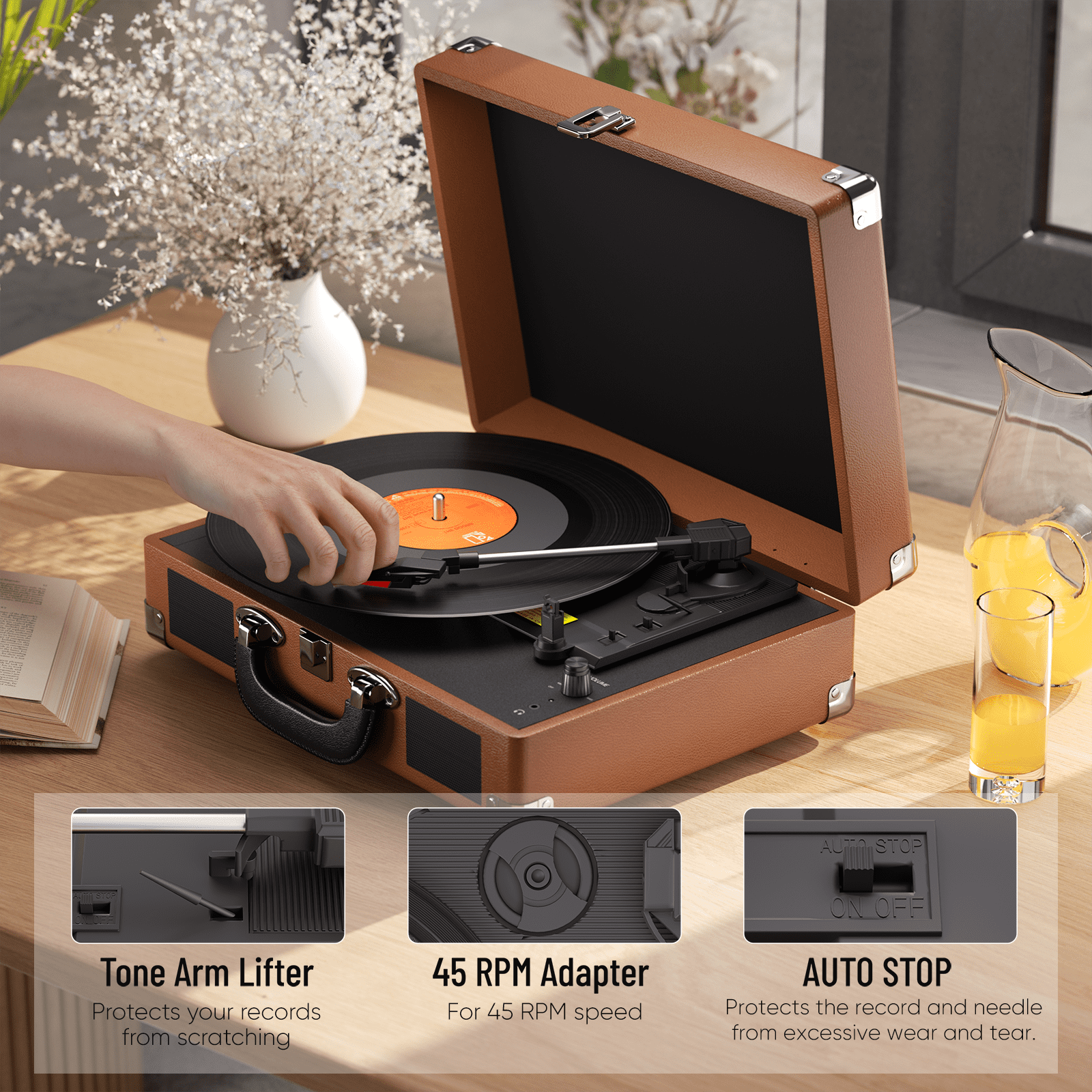 MAIO Turntable Record Player, 3-Speed 33/45/78RPM Vinyl Spinner with 2 Built-in Stereo Speakers, Headphone Jack, USB, AUX-IN, RCA-Out and Recording