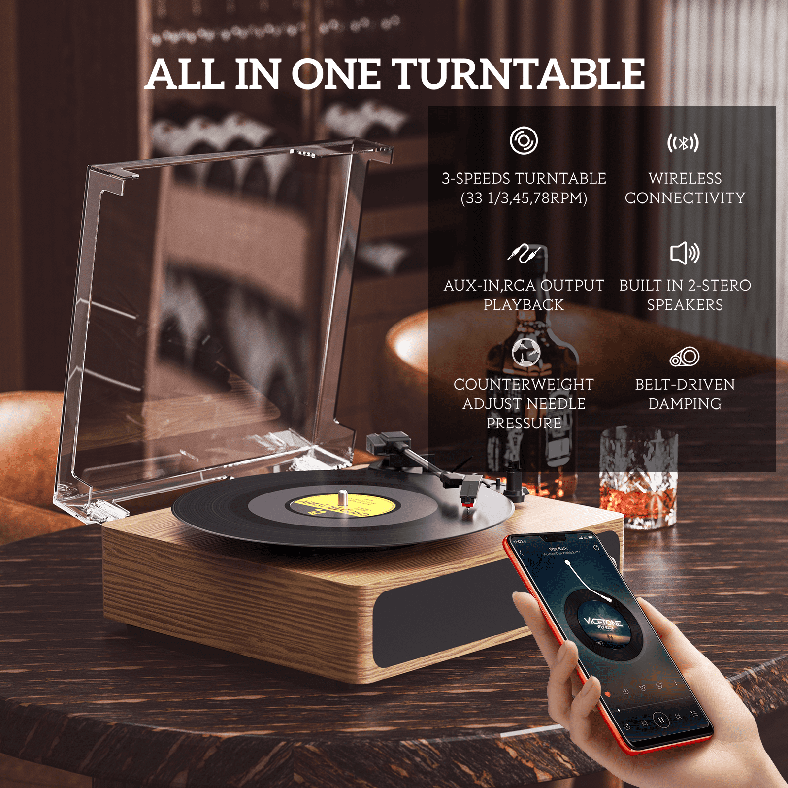MAIO Record Player, Bluetooth Vintage Audio Turntables 3-Speed 33/45/78RPM Vinyl Spinner with Speakers, Headphone Jack, USB, AUX-in and RCA, Log Wood