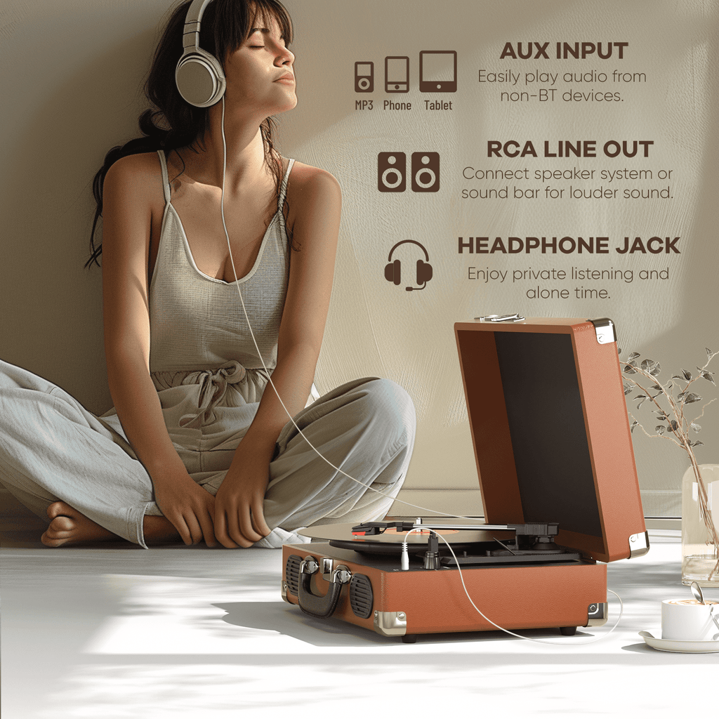 MAIO Vinyl Record Player, 3-Speed Bluetooth Vintage Turntable, Record Player with Speakers RCA Line Out AUX in Headphone Jack, Brown Silver