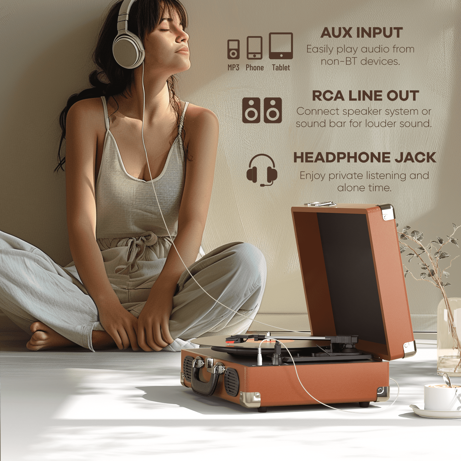 MAIO Vinyl Record Player, 3-Speed Bluetooth Vintage Turntable, Record Player with Speakers RCA Line Out AUX in Headphone Jack, Brown Silver