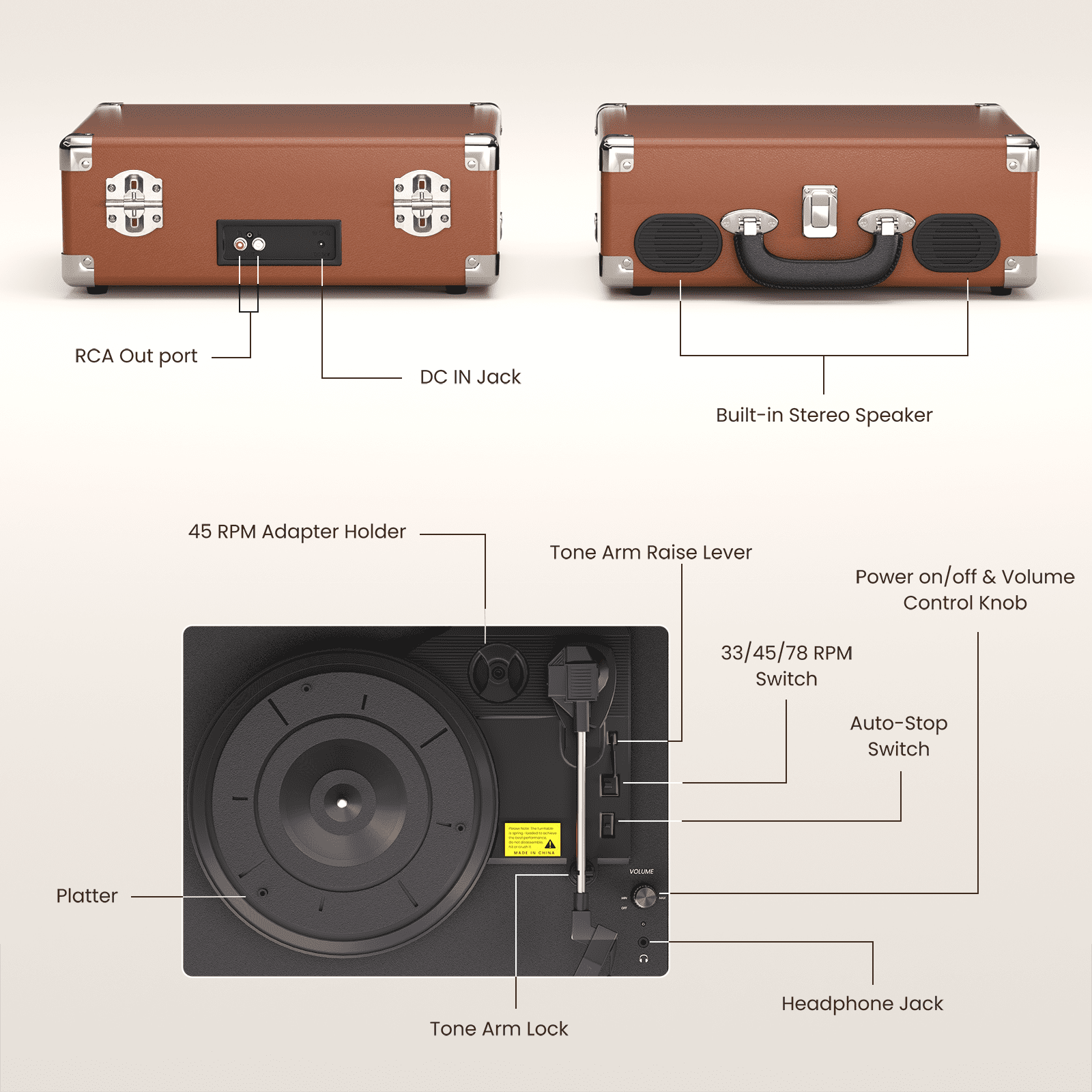 MAIO Vinyl Record Player, 3-Speed Bluetooth Vintage Turntable, Record Player with Speakers RCA Line Out AUX in Headphone Jack, Brown Silver