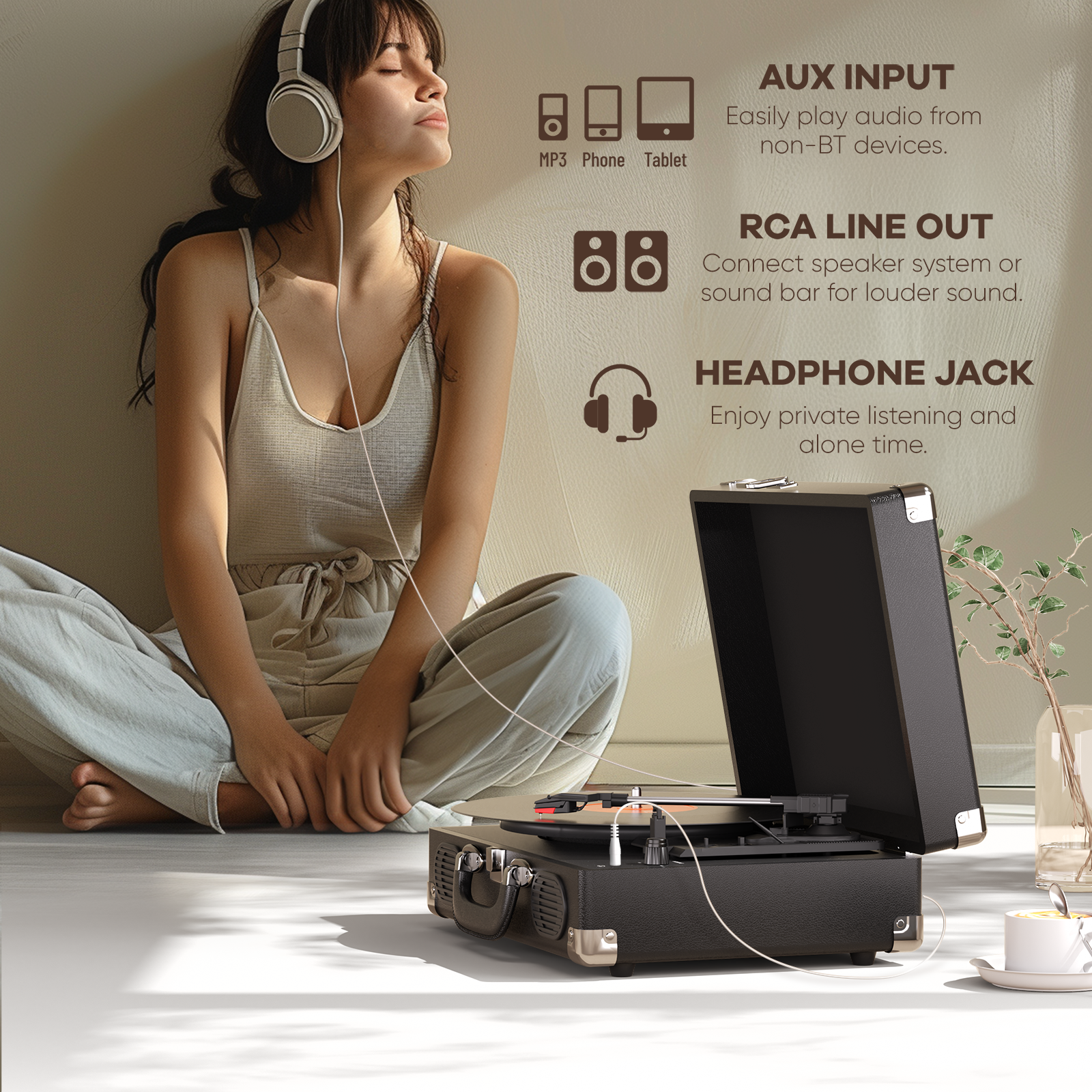 Vintage Bluetooth Record Player, 3-Speed Turntable with Speakers, Brown Silver