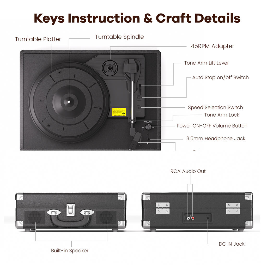 MAIO Bluetooth Vinyl Record Player, 3-Speed Turntable with Speakers