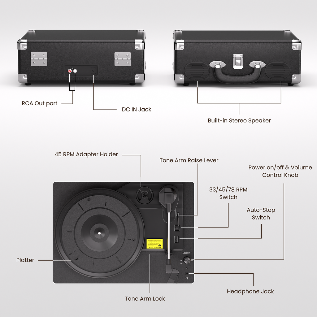 Vintage Bluetooth Record Player, 3-Speed Turntable with Speakers, Brown Silver