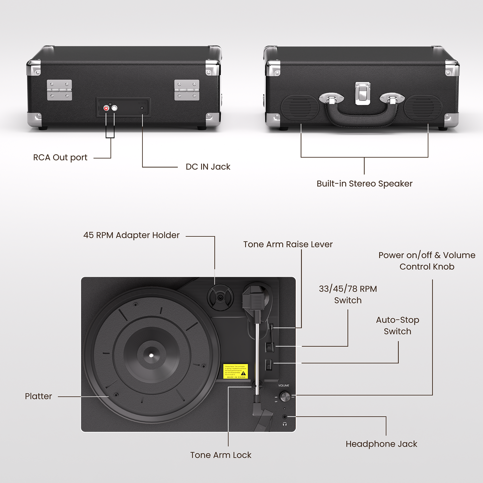 Vintage Bluetooth Record Player, 3-Speed Turntable with Speakers, Brown Silver