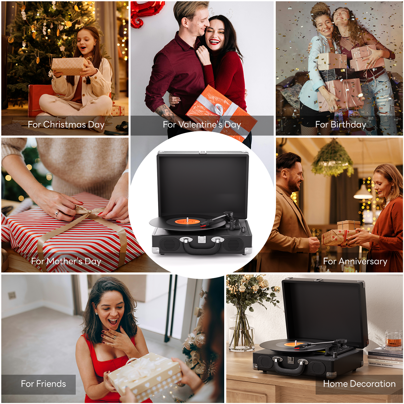 Vintage Bluetooth Record Player, 3-Speed Turntable with Speakers, Brown Silver