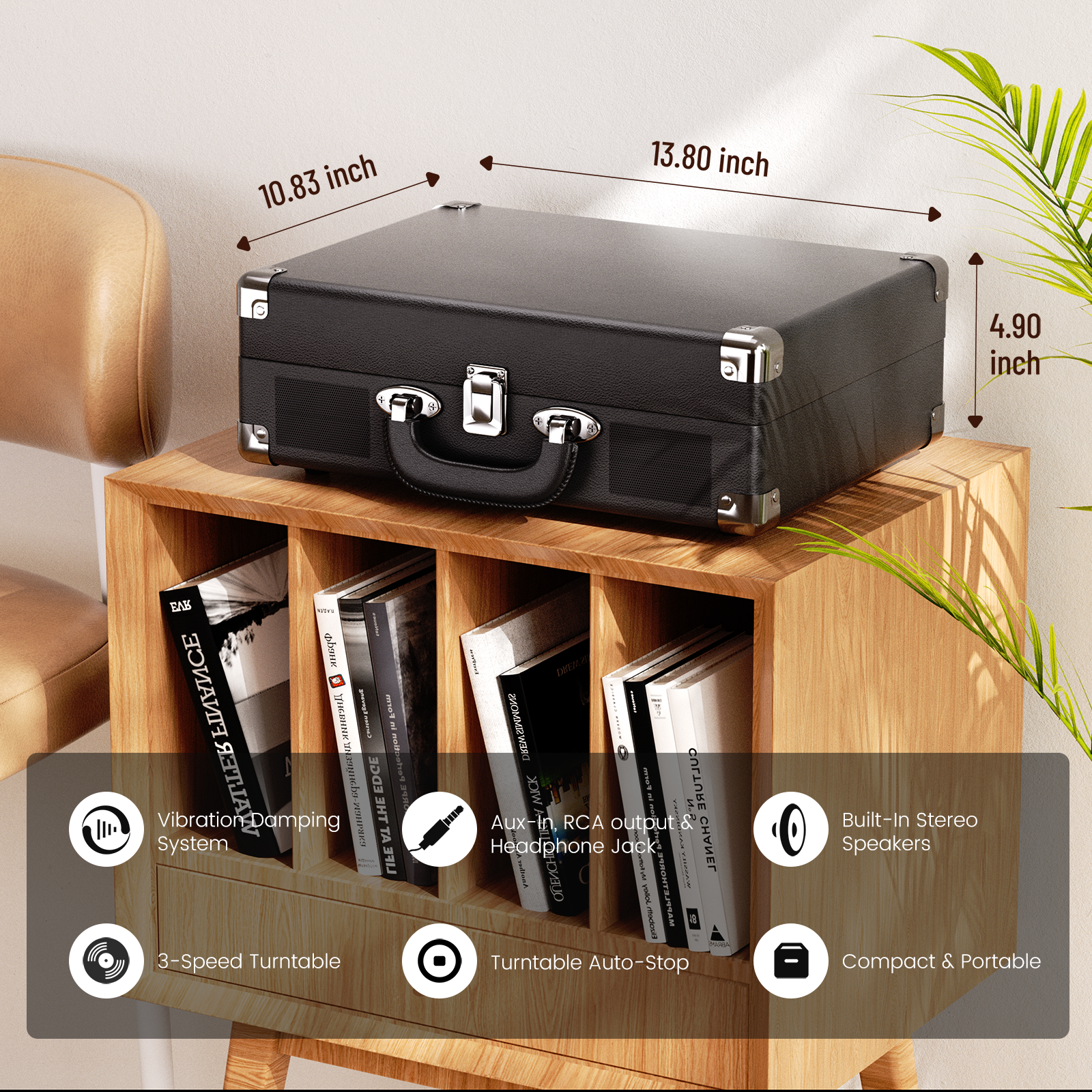 MAIO Turntable Record Player, 3-Speed 33/45/78RPM Vinyl Spinner with 2 Built-in Stereo Speakers, Headphone Jack, USB, AUX-IN, RCA-Out and Recording